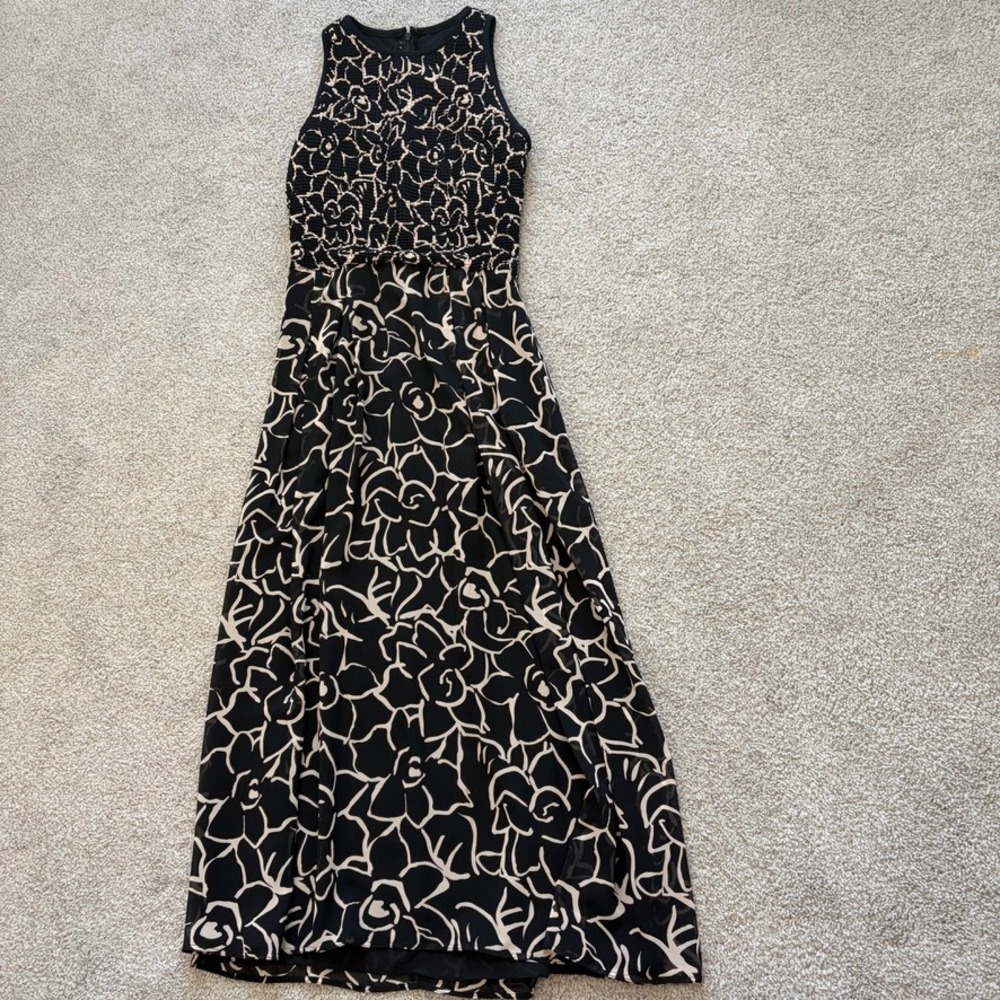 Vintage Gillian Maxi Dress Womens 6 Black Tan Textured Flowy Chic Floral Cottage